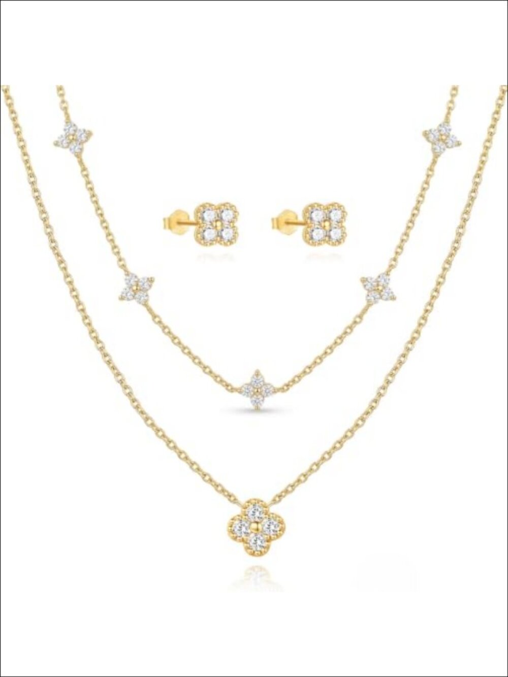 14K Gold Plated Clover Cross Necklace & CZ Stud Earrings Set